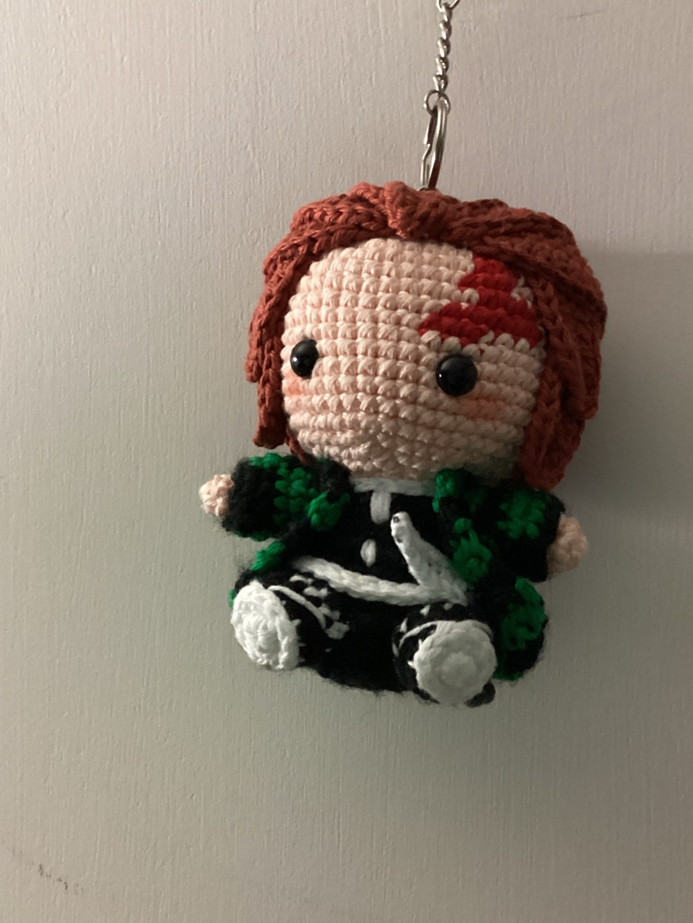 Handmade Crochet Tanjiro Keychain Doll - Red Hair, Green & Black Outfit